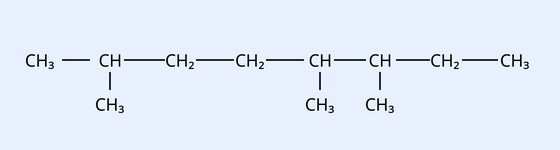 Drawn skeletal/condensed structure of branched hydrocarbon X: main chain CH3-CH-CH2-CH2-CH-CH-CH2-CH3 with a methyl (CH3) branch on the second carbon and methyl (CH3) branches on the fifth and sixth carbons (octane backbone with three methyl substituents).
