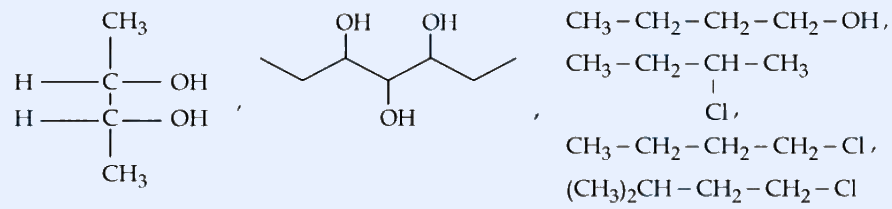Several drawn organic structures listed for optical-activity counting: a bond-line/condensed structure with CH3, H-C-OH, H-C-OH, CH3 (a tartaric-acid-like chain with two adjacent CHOH centres); a chain CH3-CH2-CH2-CH2-OH; a structure with OH OH groups on a carbon chain; CH3-CH2-CH2-Cl; a chain with Cl substituent; and (CH3)2CH-CH2-CH2-Cl. Count of optically active compounds is asked.