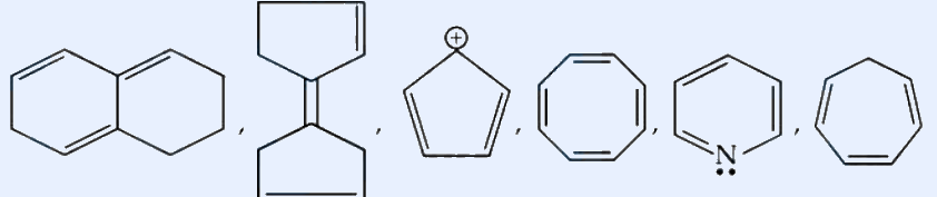 A row of drawn cyclic structures for aromaticity counting: includes a fused bicyclic (azulene/naphthalene-like) ring system, a benzene-like six-membered ring, a seven-membered ring (cycloheptatriene/tropylium-like), and other ring structures with double bonds. Count of aromatic compounds is asked.