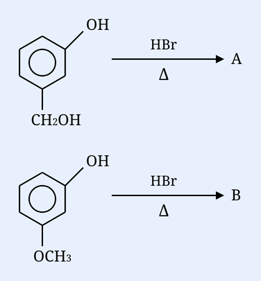 Two reactions: 3-(hydroxymethyl)phenol + HBr/heat -> A; 3-methoxyphenol + HBr/heat -> B.