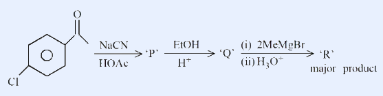 4-chloroacetophenone -> (NaCN/HOAc) P -> (EtOH/H+) Q -> (i 2 MeMgBr, ii H3O+) R major product.