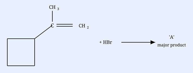Cyclobutane bearing a C(CH3)=CH2 (isopropenyl) group + HBr -> 'A' major product.