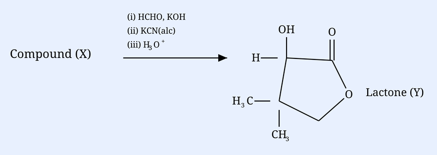 Compound (X) -> (i) HCHO, KOH (ii) KCN(alc) (iii) H3O+ -> a beta,beta-dimethyl-alpha-hydroxy gamma-butyrolactone (Y).