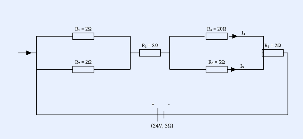 A 24 V, 3 Ohm battery driving R1=2,R2=2 in parallel, in series with R3=2, then R4=20 (current I4) parallel R5=5 (current I5), in series with R6=2.