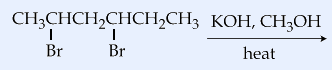 Reaction scheme: CH3-CH(Br)-CH2-CH(Br)-CH2-CH3 (2,4-dibromohexane) heated with KOH in CH3OH.