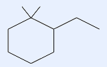 A cyclohexane ring with two methyl groups on one ring carbon (gem-dimethyl) and an ethyl group on the adjacent ring carbon.
