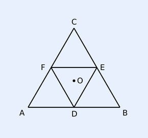 Equilateral triangle ABC (A bottom-left, B bottom-right, C top) with midpoints D (bottom), E (right), F (left); the inner medial triangle DEF is drawn as a cavity and the centre O is marked.