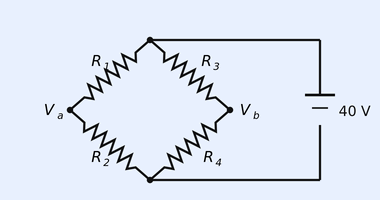 A Wheatstone bridge drawn as a diamond. Top-left arm R1 and bottom-left arm R2 meet at the left node labelled V_a; top-right arm R3 and bottom-right arm R4 meet at the right node labelled V_b. The bridge is connected to a 40 V source on the right side.