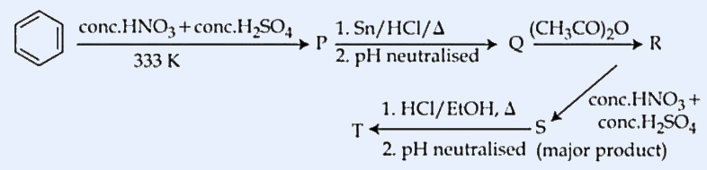 A drawn reaction sequence starting from a benzene ring: benzene -> (conc. HNO3 + conc. H2SO4, 333 K) -> P -> (1. Sn/HCl/Delta, 2. pH neutralised) -> Q -> ((CH3CO)2O) -> R -> (conc. HNO3 + conc. H2SO4) -> S (major product) -> (1. HCl/EtOH Delta, 2. pH neutralised) -> T, drawn with the benzene hexagon and labelled arrows.