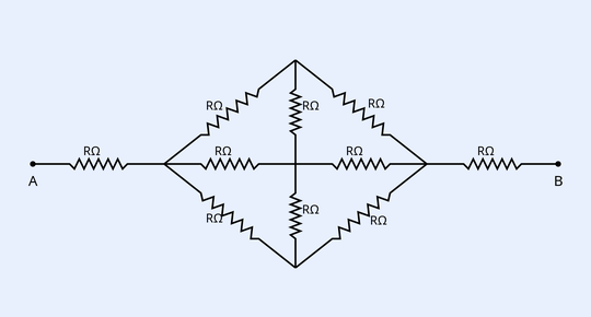 A diamond/bridge-shaped resistor network between terminals A (bottom left) and B (bottom right). Bottom horizontal chain from A to B has four resistors each R (R-Ohm). The top has two slanted resistors each R forming an inverted-V apex, and a vertical resistor R hangs from the apex to the centre node of the bottom chain. All resistors labelled R-Ohm.