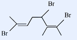 A branched diene chain drawn as a zig-zag. From left: a CH3 group on a carbon that is part of a C=C double bond; the lower carbon of this left double bond bears a Br (labelled Br below). The chain continues to a central CH carbon bearing a Br substituent (labelled Br above, on a wedge/line up). The chain then reaches a second C=C double bond on the right whose carbons bear a CH3 group (down) and a Br substituent (labelled Br up). Overall structure: (CH3)(Br)C=CH-CH(Br)-C(Br)=C... with three Br atoms, two C=C double bonds and one CHBr stereocentre.