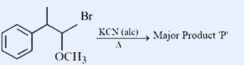A benzene ring (phenyl) attached to a carbon that bears a CH3 group (drawn up). That carbon is bonded to a second carbon which bears a Br atom (labelled Br, up) and an OCH3 group (labelled OCH3, down). Reagent over the arrow: KCN (alc), with heat (delta) below the arrow, pointing to 'Major Product P'. Starting material: Ph-CH(CH3)-CH(Br)(OCH3).