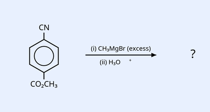 A benzene ring bearing a -CN group at the top (para) and a -CO2CH3 (methyl ester) group at the bottom; reagents over the arrow: (i) CH3MgBr (excess), (ii) H3O+. Prompt asks for the major product.