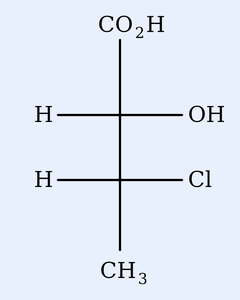 Fischer projection: vertical chain with CO2H at the top; C2 has H on the left and OH on the right; C3 below has H on the left and Cl on the right; CH3 at the bottom.