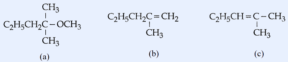 Three products labelled (a) C2H5CH2C(CH3)2-OCH3 (methyl ether), (b) C2H5CH2C(CH3)=CH2, (c) C2H5CH=C(CH3)-CH3.