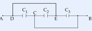 Capacitor network between terminals A and B: C1, C2, C3 in series along the main line (nodes D, C, E), a top jumper wire connecting node D to node E and a bottom jumper wire connecting node C to the node after C3.