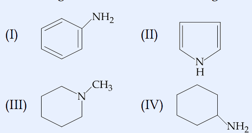 Four labelled amines in a 2x2 grid: (I) aniline (benzene ring with NH2); (II) pyrrole (five-membered ring with N-H); (III) N-methylpiperidine (saturated six-membered ring with N bearing a methyl); (IV) cyclohexylamine (cyclohexane with NH2).