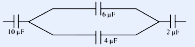 Capacitor network: 10 uF in series, then 6 uF and 4 uF in parallel, then 2 uF.