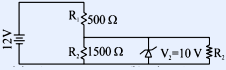 Zener diode regulator circuit. A 12 V source connects through a series resistor R1 = 500 ohm to a node. From that node R2 = 1500 ohm goes to the lower rail (the bottom of the source). In parallel with R2, a Zener diode (V_z = 10 V, drawn with its standard symbol) in series with a load resistor labelled R2 connects from the node to the lower rail. The Zener cathode faces the node side.