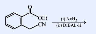 Benzene ring bearing two ortho substituents: an ester group -C(=O)OEt and a -CH2-CN (cyanomethyl) group; reagents over arrow: (i) Ni/H2 (ii) DIBAL-H.