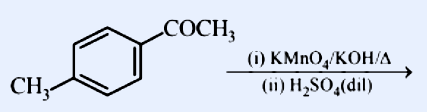Para-disubstituted benzene with a -COCH3 (acetyl) group at one position and a -CH3 (methyl) group at the para position; reagents over arrow: (i) KMnO4/KOH/heat (ii) H2SO4(dil).