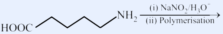 A zig-zag carbon chain terminating in a HOOC group at one end and an NH2 group at the other end (an amino acid type monomer with COOH and NH2 separated by four CH2 units); reagents over arrow: (i) NaNO2/H3O+ (ii) Polymerisation.