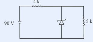 Zener regulator: 90 V supply, 4 kohm series resistor, Zener diode (Vz=30 V) in parallel with a 5 kohm load resistor.