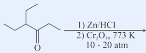 A branched aliphatic ketone treated with 1) Zn/HCl then 2) Cr2O3, 773 K, 10-20 atm.