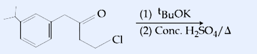 Reaction scheme. Substrate: a benzene ring bearing a methyl (CH3) group, with a side chain hanging from an adjacent ring position that ends in a carbonyl carbon double-bonded to O and single-bonded to Cl (an aroyl/acyl chloride, -C(=O)Cl). Reagents written above/below the arrow: (1) tBuOK ; (2) Conc. H2SO4/Δ. Product to be chosen from drawn options.