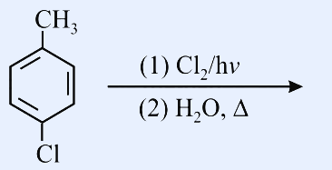 Reaction scheme. Substrate: 4-chlorotoluene drawn as a benzene ring with a CH3 group at the top and a Cl at the para (bottom) position. Reagents above the arrow: (1) Cl2/hv ; (2) H2O, Δ.