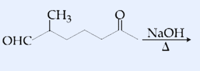 Reaction scheme. Substrate: an open-chain dicarbonyl — at the left end an aldehyde OHC-, a chain of CH2 groups, then a ketone C=O bearing a CH3 group near the right end. Reagent above arrow: NaOH/Δ. (Substrate is a keto-aldehyde set up for intramolecular aldol condensation.)
