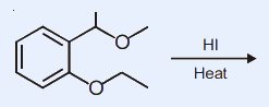 Benzene ring bearing an ortho-O-CH(CH3)- (secondary alkyl, methyl-bearing) ether on one position and an O-CH2CH3 (ethoxy) ether on the adjacent position, treated with HI and Heat (arrow).