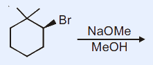 Cyclohexane ring with a gem-dimethyl (two methyl) quaternary carbon and an adjacent secondary carbon bearing Br (wedge), treated with NaOMe / MeOH (arrow).