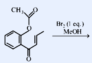 Reactant: a benzene ring bearing an acetate ester group (CH3-C(=O)-O-) on one ring carbon and an ortho 1-propenyl (CH=CH-CH3) side chain; reagent over the arrow is Br2 (1 eq.) in MeOH.