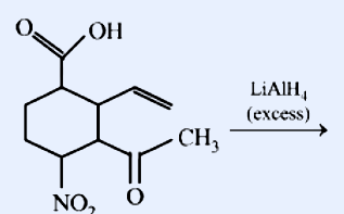 Reactant: a decalin-type fused bicyclic ring carrying a carboxylic acid (COOH) with an adjacent CH2 vinyl/alkene group and a CH3, plus an NO2 group on the lower ring; reagent over arrow is LiAlH4 (mono).