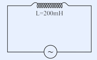 A rectangular circuit loop with an inductor (coil symbol) on the top arm labelled L = 200 mH and an AC source (a circle enclosing a sine symbol) on the bottom arm.
