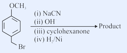 4-methoxybenzyl bromide (a benzene ring carrying OCH3 at the para position and a CH2Br group) followed by a reaction arrow bearing the reagents (i) NaCN, (ii) OH minus, (iii) cyclohexanone, (iv) H2 over Ni, leading to the word Product.