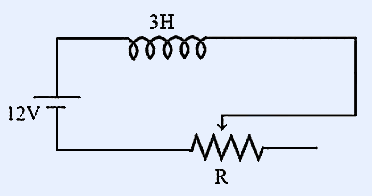 LR circuit diagram showing a 12V battery connected in series with a 3H inductor and a variable resistor R with sliding contact