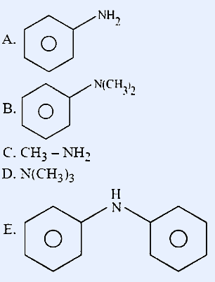 Five amine structures: A. Cyclohexylamine (cyclohexane ring with NH2), B. N,N-dimethylcyclohexylamine (cyclohexane ring with N(CH3)2), C. Methylamine (CH3-NH2), D. Trimethylamine (N(CH3)3), E. Diphenylamine (two benzene rings connected through NH)