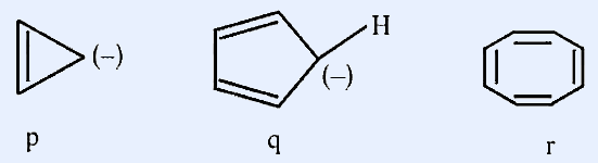 Three cyclic structures labeled p, q, r: p is cyclopentadienyl anion (2π electrons), q is cycloheptatrienyl anion (8π electrons, tropylium anion), r is cycloheptadiene structure
