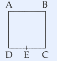 A square wire ABCD drawn with A at top-left, B at top-right, C at bottom-right, D at bottom-left. Point E is the midpoint of the bottom side CD (a small tick mark on side DC midway between D and C). The full square is a single bent wire of total resistance R; effective resistance is asked between point E (midpoint of arm CD) and corner C.