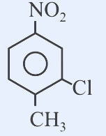 Benzene ring drawn as a hexagon. A nitro group (NO2) on the top carbon (position 1 for nitro). A chloro group (Cl) on a carbon meta to nitro / ortho to methyl. A methyl group (CH3) on the carbon below/adjacent to Cl, para to the nitro group. Substituents: NO2 (top), CH3 (bottom), Cl (lower-right, between them).