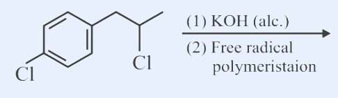 Para-chloro substituted benzene ring bearing a -CH2-CH2-Cl side chain (1-chloro-2-(4-chlorophenyl)ethane / para-chloro benzylic chloride). Reaction arrow with reagents written above/over it: (1) KOH (alc.); (2) Free radical polymerisation.