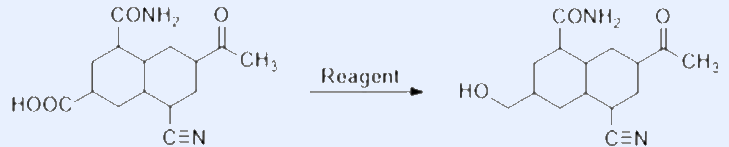 Decalin bearing CONH2, COCH3, C(triple bond)N and HOOC groups; Reagent selectively reduces the HOOC to CH2OH, leaving the amide, ketone and nitrile intact.