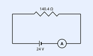 A series circuit driven by a 24 V battery (cell symbol labelled 24 V at the bottom). In series is a resistor labelled 140.4 ohm (zig-zag resistor at top). Then a parallel combination forming the ammeter A: a 240 ohm coil branch in parallel with a 10 ohm shunt branch, with the ammeter symbol (circle with A) on the right side of the loop.