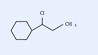 A cyclohexane ring (hexagon) attached at one vertex to a CH carbon; that CH bears a chlorine (Cl drawn above on the carbon next to the ring junction) and continues to a CH3 (top) and a -CH2-CH3 ethyl chain to the right, i.e. a secondary alkyl chloride built on a cyclohexyl group, reacting with + NaOH over H2O (with H2O above the reaction arrow) to give 'Major Product A'.