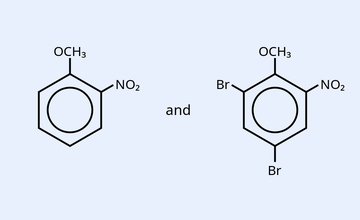 Two benzene ring structures joined by 'and'. Left structure: ring with OCH3 at top, NO2 and Br substituents on the ring. Right structure: ring with OCH3 at top, NO2 substituent, and Br at the bottom position.