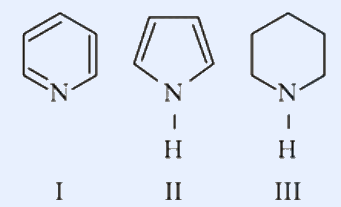 Three nitrogen heterocycles labelled I, II, III: I pyridine, II pyrrole with N-H, III piperidine with N-H.