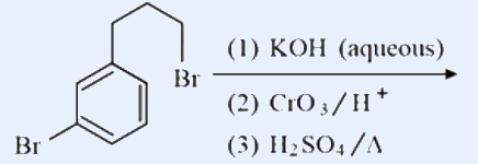 Benzene bearing a ring Br at the lower-left and a -(CH2)3Br side chain at the upper-right, with reagents (1) KOH(aq), (2) CrO3/H+, (3) H2SO4/heat over the arrow.