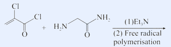 Reaction: 2-chloroacryloyl chloride (CH2=C(Cl)-C(=O)Cl) plus glycinamide (H2N-CH2-C(=O)-NH2), conditions (1) Et3N (2) free radical polymerisation.
